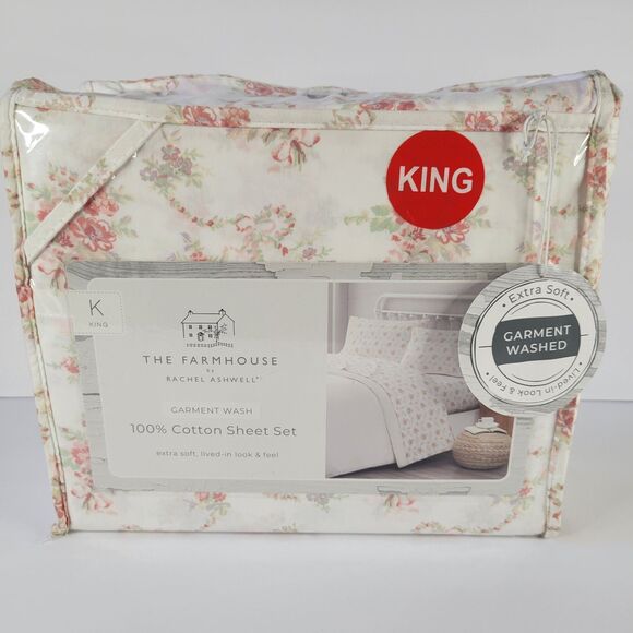 Rachel Ashwell Farmhouse Shabby Chic 4pc King Sheet Set White Pink Floral Cotton - Picture 1 of 10